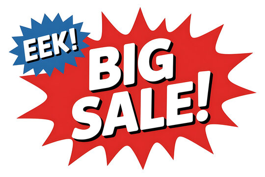 Bold red burst graphic announces a significant sale with playful, energetic text elements.