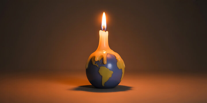 Burning globe-shaped candle illuminates environmental concern, symbolizing fragility and urgent action.