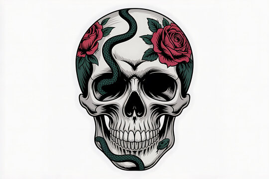 Skull adorned with roses and a serpent, creating a striking and symbolic image of life and death.