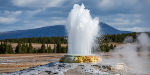 Geothermal geyser erupts powerfully, sending steam high against a backdrop of mountains and trees.