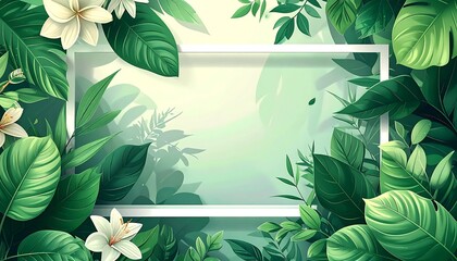 Lush green leaves and white flowers surround an empty rectangular frame