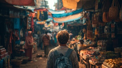 Obraz premium Person walking busy street market