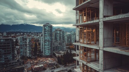 Naklejka premium Construction site with urban skyline in Vancouver under a cloudy sky