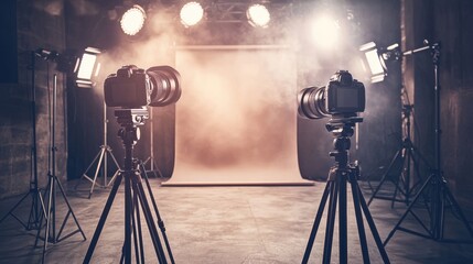 Professional photography studio setup with two cameras and lighting equipment ready for a photoshoot