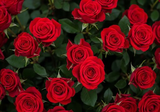 Abundance of Red Roses and Green Leaves Background. Generative Ai