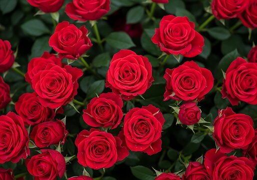 Abundance of Red Roses and Green Leaves Background. Generative Ai