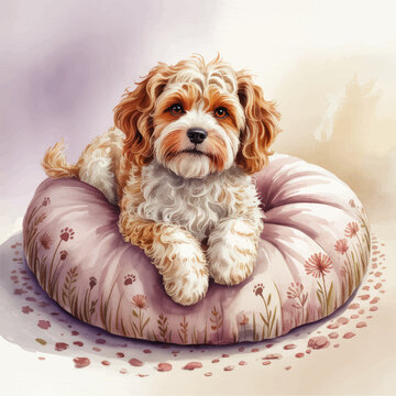 Cute Cavapoo Dog Watercolor Illustration on Floral Pet Bed, Fluffy Puppy in Cozy Pastel Setting for Home Decor and Greeting Cards
