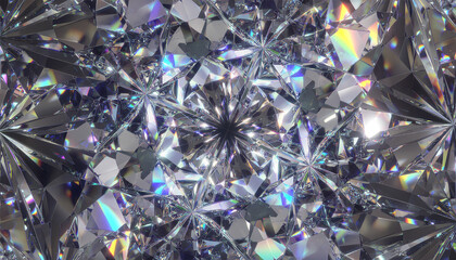 Close-up of faceted crystal surface with geometric symmetry and rainbow reflections. Abstract and luxurious design ideal for jewelry, backgrounds, and visual art.