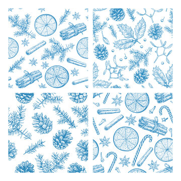 Collection of seamless patterns with Christmas and New year elements, cookies, candies, pine branches and spices. Hand-drawn illustration in vintage toile de joue style.