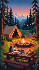 Cozy Mountain Camping Scene with Tent, Campfire, Picnic Table and Food at Sunset in Pine Forest, Outdoor Adventure Illustration