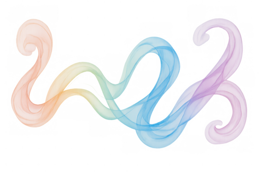 Abstract design element showing wavy rainbow gradient shapes representing 2023 numbers. Translucent smoke effect on transparent background