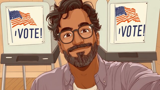 Man takes a selfie at a voting booth with American flag posters.