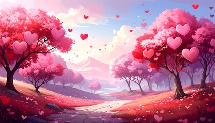 Scenic illustration of vibrant pink heart-shaped tree landscape