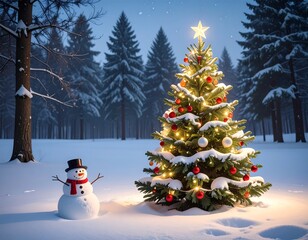 Obraz premium A snow-covered Christmas tree and snowman in a winter forest
