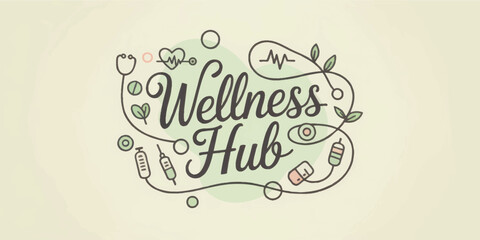 Obraz premium Wellness Hub vector logo with health icons, stethoscope, pills, leaves, and medical elements in pastel green and beige