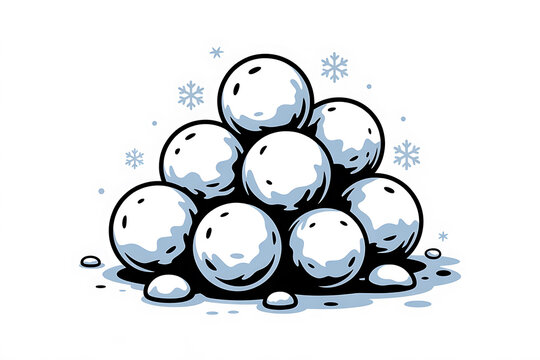 A playful pile of snowballs rests amidst delicate snowflakes, evoking winter fun and frosty delight.