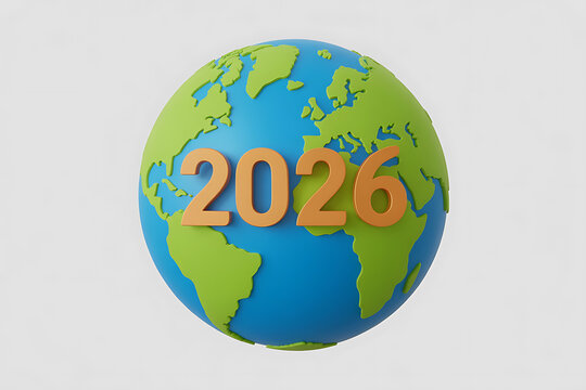Stylized globe displaying the year 2026, representing future, progress, and global interconnectedness.