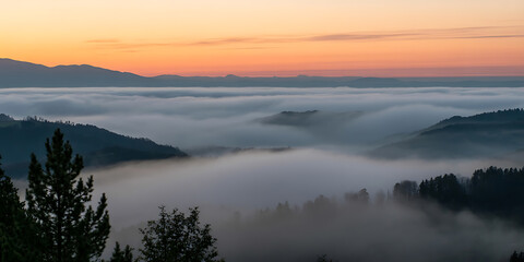 Fototapeta premium Mist-filled valley nestled between mountains, bathed in the warm hues of a stunning sunrise.