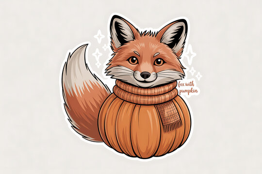 Charming fox playfully nestled within a pumpkin, adorned with a cozy scarf, autumnal vibes.