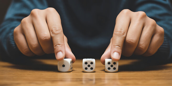 Hands holding three dice on a wooden surface, representing chance, risk, and game play.