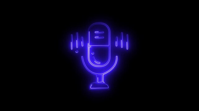 Glowing neon mic icon. microphone icon with neon voice recording and podcast mic microphone button icon animated black background 4k video.