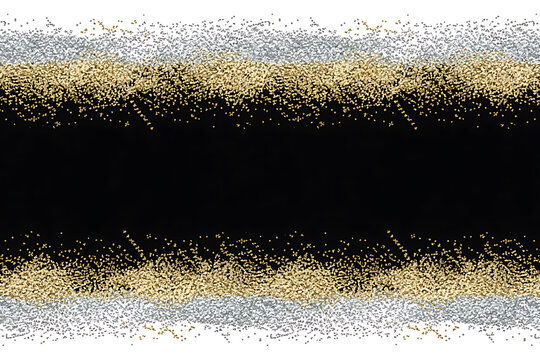 Abstract composition with black central band, surrounded by shimmering gold and silver particles.