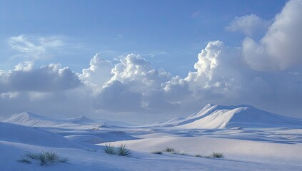 Expansive white sand dunes under a vast, cloudy blue sky.