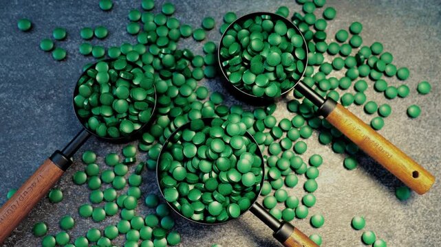 Green spirulina tablets in measuring spoons on black slate background. Top view. 4k footage