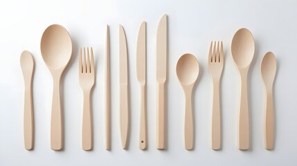 Minimalist flat lay of various biodegradable eating utensils made from light wood against a clean white background