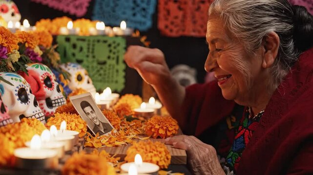 Elderly Woman Lovingly Remembers a Loved One on Day of the Dead.