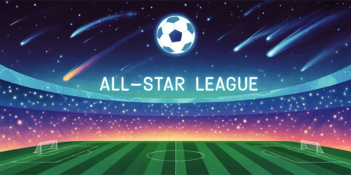 All-Star League Soccer Stadium Illustration with Glowing Night Sky, Comets, and Futuristic Sports Atmosphere