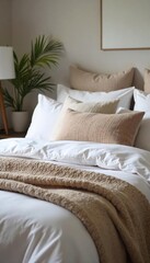 Cozy Bedroom Interior Plush Pillows, Textured Throw, and Crisp White Sheets Create a Serene and Inviting Space, Perfect for Home Decor and Bedding Websites.