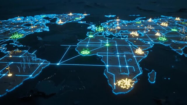 Digital world map with glowing energy network and cities