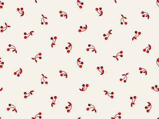 Nordic cherries charm minimal style botanica burgundy red on greyish. Modern elegant aesthetic in Scandinavian style micro-scale motif with playful simplicity, warm jewel tones, a fresh airy touch.