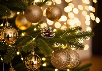 Christmas tree decorated with gold ornaments and lights, festive holiday season