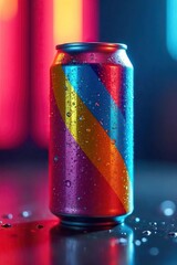 Iced Energy Drink Can with Condensation, Vibrant Blurred Background, Refreshing Summer Beverage, Perfect for Marketing and Advertising Campaigns
