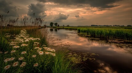 Peaceful canal reflects dramatic stormy sky over lush green meadows and wildflowers.