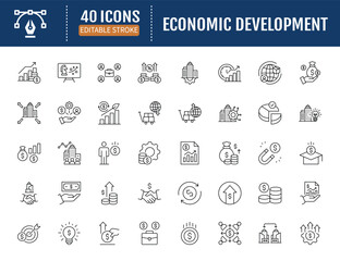 Economic development icon set. Includes finance, growth, investment, income, wealth, industry, trade, employment, innovation, productivity and more. Vector Illustration withEditable Strokes