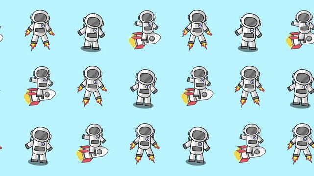 Seamless pattern of cartoon astronauts and flying rockets on a blue screen background animation. Repeating wallpaper with space exploration and rocket ship symbols. Space suit and outer space backdrop