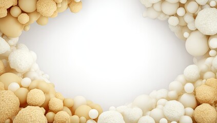Soft organic spheres and textured balls form a light cream and beige border.