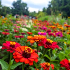 A vibrant field of colorful blossoms, in full bloom, under a cloudy sky