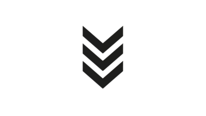 A minimalist black and white icon featuring a geometric design of three stacked chevrons pointing downwards, symbolizing direction or descent