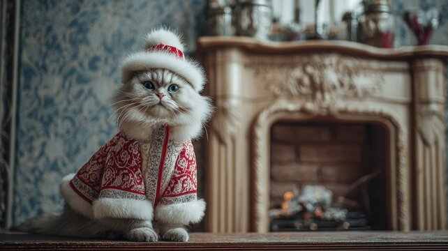 Festive feline in santa outfit by cozy fireplace
