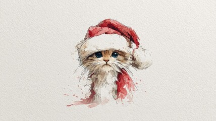 Watercolor cat with santa hat - festive holiday art