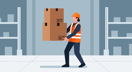A worker in a warehouse carrying two stacked cardboard boxes, wearing a hard hat and high-visibility vest.