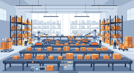 Automated warehouse interior with conveyor belts moving cardboard boxes, workers, and robotic arms managing logistics and distribution.