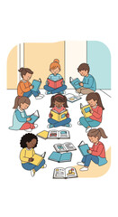 A group of diverse children sitting on the floor, engrossed in reading books in a bright indoor setting.