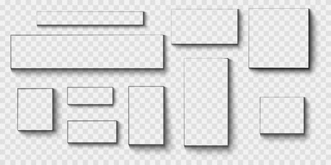 Set of square and rectangular boxes, web banners or cards shadow effects. Different realistic soft blurry shapes. Shades mockups isolated on transparent background. Vector realistic illustration.