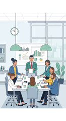 An illustrated business meeting with seven diverse professionals collaborating around a conference table in a modern office setting.