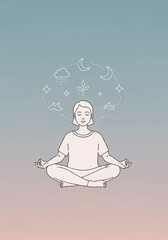 A minimalist line art illustration of a person meditating in lotus position with a circle of nature and celestial icons above their head, on a blue to pink gradient background.